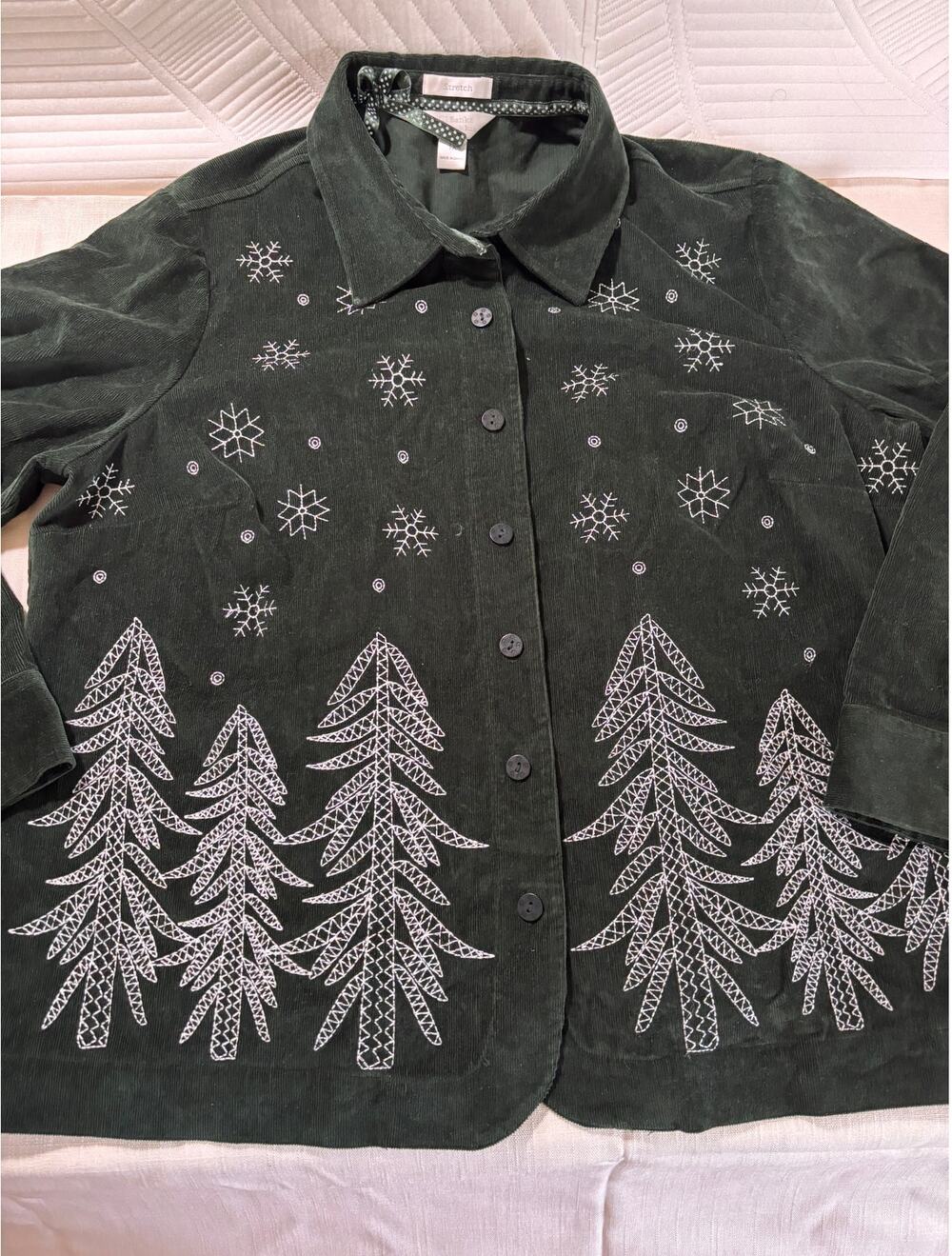 CJ Banks 1X Christmas Corduroy Jacket Green Embroidered Pine Trees Snowflakes